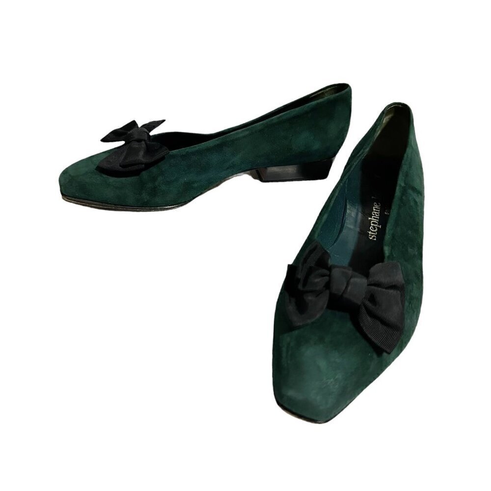 Stephane Kelian Vintage‎ Green Suede Pumps with Bow, Size 8 US,